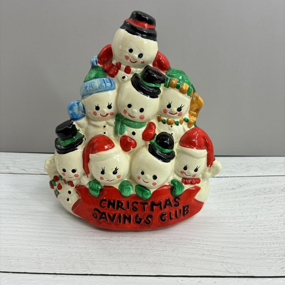 Vintage Ceramic Christmas Savings Club Snowman Piggy Bank Figurine Taiwan Retro
